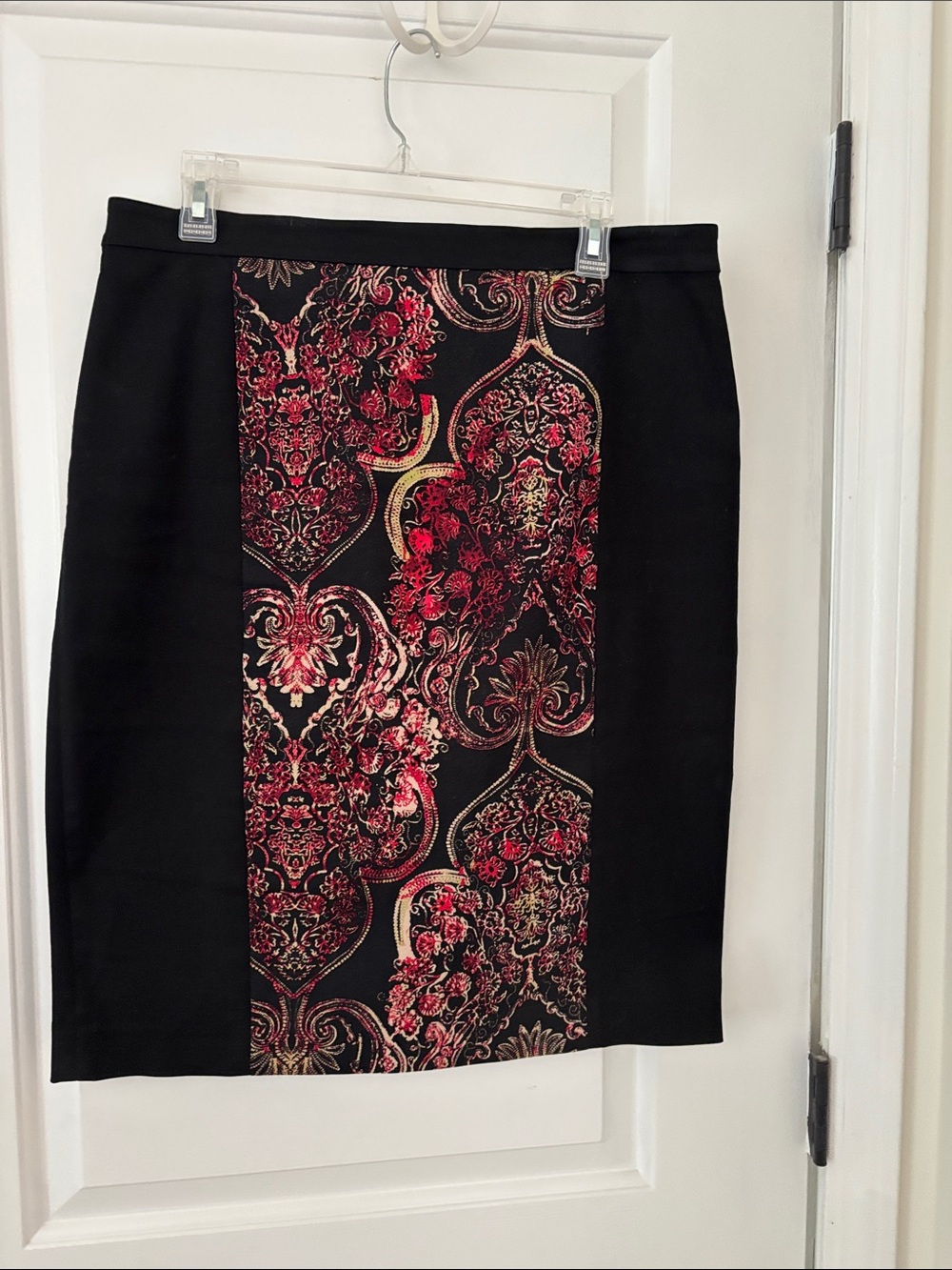 Ann Taylor Black Pencil Skirt with Red Floral Damask Panel